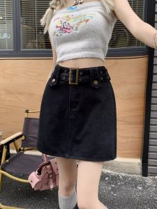 สูง เอว ทรงเอ มินิ กระโปรง ผู้หญิง เดนิม ครึ่งความยาว พรางหุ่น กระโปรงสั้น ฤดูร้อน แฟชั่นย้อนยุค มีเข็มขัด สไตล์วินเทจ