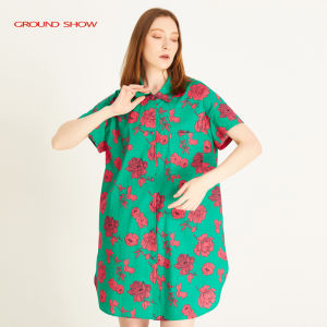 Green Floral Print Cotton Shirt Dress Turn-down Collar Loose Fashionable Summer New Arrival Womens Clothing Ground Show