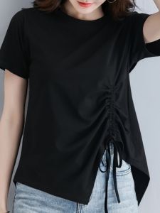 Áo Thun Nữ Tay Ngắn Mùa Hè Phong Cách Hàn Quốc Rộng Rãi Cổ Tròn Thiết Kế Dây Rút Không Đều Thời Trang Cotton Thoáng Khí