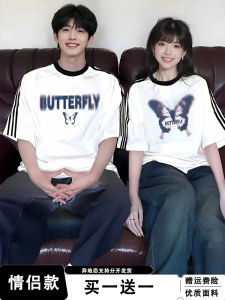 Couple Summer Short Sleeve T-Shirt Trendy Brand Retro American Design Printed Loose Fit Cotton round Neck Thin Material