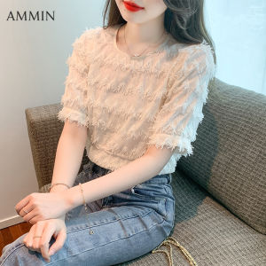 AMMIN เสื้อชีฟ คอเสื้อ Crew สีขาว พู่สไตล์ฝรั่งเศส ผู้หญิง OL