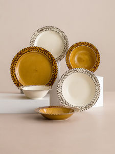 จานอาหารเซรามิกสไตล์ญี่ปุ่น ลายมินิมอล ขนาด 6 นิ้ว อุปกรณ์กินข้าวแบบญี่ปุ่น จานทรงกลมสไตล์ย้อนยุค สีเขียว ลายโรสแมรี่