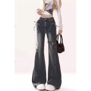 Retro American Splicing Belted Flared Jeans Womens Slimming Long Pants High Waist Denim Blue Color Spring Autumn Season