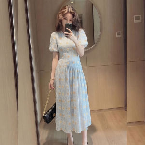 YIKEMAI | French Style Blue Floral Dress Slim Fit with Puff Sleeves and Waist Cinching