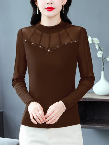 Elegant Silk T-Shirt Womens Slim Fit Diamond Embellished Base Shirt Versatile Lightweight Luxury Top for Office Wear