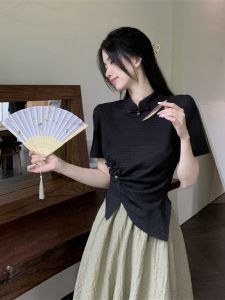 Elegant Short Sleeve T-Shirt Hollow Out Asymmetrical Slimming Top for Women New Chinese Style Summer Design Korean Version