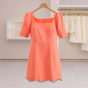 Square Neck Fitted Short Sleeve Dress with Bottom Crystal Decoration