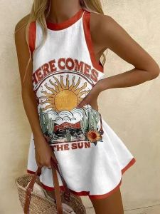 Váy in Chữ Không Tay Cổ Tròn Thường Ngày Váy Midi Thường Ngày Bằng Polyester Váy Thường Ngày Không Tay Cổ Tròn Mùa Hè 2025