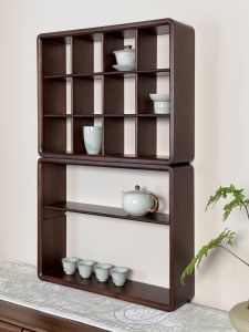 Black Wooden Cup Storage Rack Vintage Style Tea Set Display Shelf Multi-layer Rectangular Board Bookshelf Office Decor Organizer