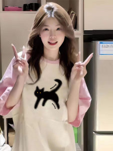 เสื้อยืดแขนสั้นพิมพ์ลายแมวหลวมๆ สไตล์วิทยาลัย เสื้อยืดคอกลมแขนสั้นผ้าฝ้ายสำหรับเด็กผู้หญิงและเยาวชนวัยกลางคนและวัยรุ่น