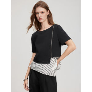 Modern Design Sense Spliced Short Sleeve Womens T-shirt ELLE Summer New Style Lyocell Silk Fashion Zipper Top Cotton Blend