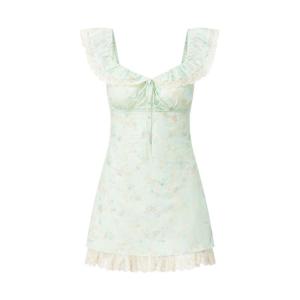 SUSIEYUAN | Váy ngắn hoa xanh lá cây Dopamine mùa hè cho nữ Váy đi biển tay lỡ váy chữ A cạp cao bằng polyester và cotton