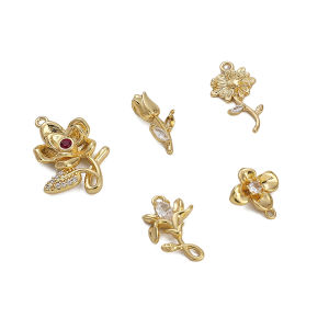 1pc 14K Gold Plated Brass Zircon Stone Chrysanthemum Rose Lily Tulip Flowers Pendant For DIY Fashion Earring Necklace Making