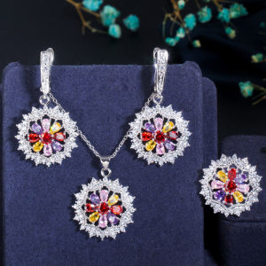 SEQUITO High Quality White Gold Plating Paved Setting Bling Multicolor Cubic Zircon Flower Pendant Necklace Earrings Rings Set Temperament Women Jewelry Set Accessories SJ368