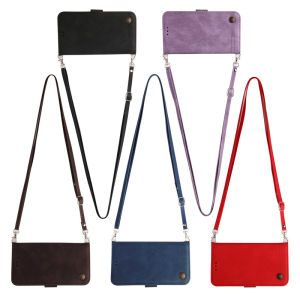 Casing for Apple iPhone 16 16e 15 14 13 12 Pro Max Plus Mini Soft Slim Card Holder Wallet Flip Folio Leather Shatterproof Cell Phone Cover with Shoulder Strap