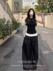 Black Lace Trim Casual Pants Womens Spring Summer New Design Loose Wide Leg Suit Long Pants High Waist Straight Leg Pants