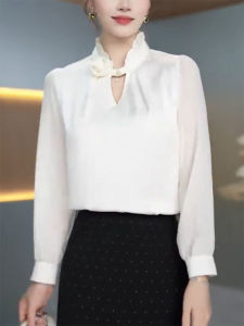 QINGNAER | Elegant High-End Slim Fit Large Size Womens White Lace-Up Long Sleeve Shirt