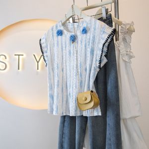 เสื้อยืดแขนสั้นลายทางสีฟ้าลายดอกไม้ 3 มิติ สำหรับผู้หญิง ไซส์ใหญ่ ฤดูร้อน เสื้อผ้าทำงานสไตล์เกาหลี หวาน น่ารัก ลดอายุ