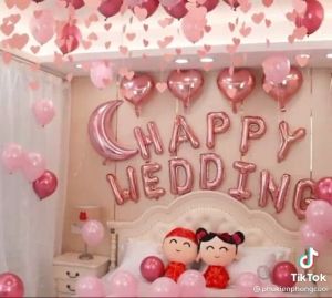 [ TẶNG BƠM VÀ KEO DÁN] Sét Bóng Happy Wedding Trang Trí Phòng Cưới HOT[ Tặng 100 Cánh Hoa]-Sét Bóng Trang Trí