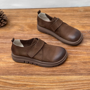 Handmade Soft Cowhide Leather Flat Bottom Deep Mouth round Head Magic Tape Womens Shoes Casual Fashion Loafers Comfortable