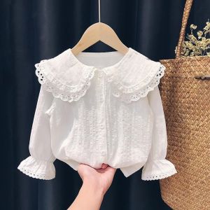 Stylish Girls Shirt Spring Autumn Plaid Korean Version Long Sleeve Lace Trim Splicing Design Cotton Childrens Top Fashionable