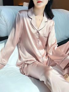 ชุดนอนไหม 2 ชิ้น แขนยาว กางเกงขายาว ผ้าไหมมัลเบอร์รี่ ฤดูใบไม้ผลิและฤดูใบไม้ร่วง เสื้อผ้าสำหรับใส่อยู่บ้าน สำหรับผู้หญิง