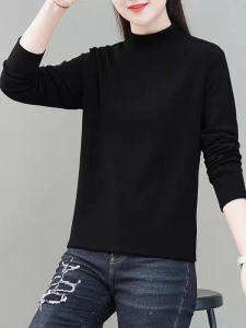 2024 Womens Thickened Long Sleeve Base Shirt Half High Collar Double Sided Velvet Commute Style Regular Fit T-Shirt Top