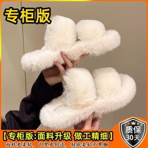 รองเท้าแตะส้นหนาสำหรับผู้หญิง สีดำ ขนแกะ รองเท้าแตะฤดูหนาว รองเท้าแตะพื้นหนาสำหรับกลางแจ้ง รองเท้าแตะขนสัตว์ รองเท้าแตะผ้าฝ้าย รองเท้าแตะสุดหรู