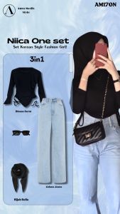 Setelan Oneset Wanita ( Blouse Serut + Celana Jeans Hightwaist + Hijab Bella Square Kacamata ) AM170N