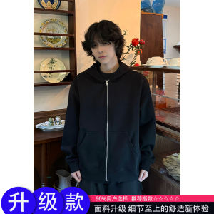 เสื้อแจ็คเก็ตคาร์ดิแกนคอวีทรงหลวมสไตล์อเมริกันย้อนยุคสีดำ สำหรับผู้ชาย ฤดูใบไม้ร่วง 2025 แฟชั่น แบรนด์ แจ็คเก็ตทรงหลวม ซิป ฮู้ด