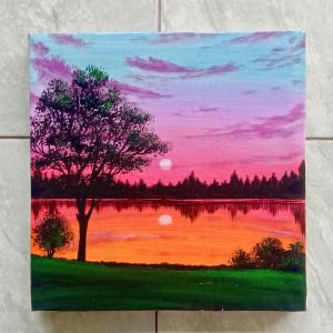 Lukisan Kanvas Canvas Hiasan Pajangan Dekorasi Dinding Pemandangan Ruang Tamu Rumah Minimalis Aesthetic Handmade Asli Buatan Tangan Motif Senja Kelapa Ukuran 30x30cm