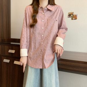 plus Size Womens Blue Striped Long Sleeve Shirt Cover up Top Korean Style Loose Fit Embroidered POLO Collar Online Exclusive