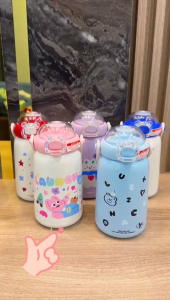 CuddleB Cute Stainless Steel Tumbler Thermos Flask Water Bottle With Straw For School Outdoor Activity and Travel 490ml