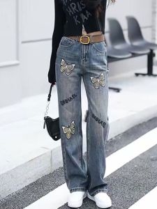 กางเกงยีนส์ทรงตรงเอวสูงผ้ากำมะหยี่สำหรับผู้หญิงในฤดูหนาวปี 2025 กางเกงยีนส์ทรงตรงผ้ากำมะหยี่ทรงหลวมสบายๆ ทรงสลิมฟิต