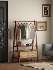 Retro Style Wooden Clothes Hanger for Bedroom Home Use Floor Standing Clothes Storage Rack Traditional Handwoven Willow Frame