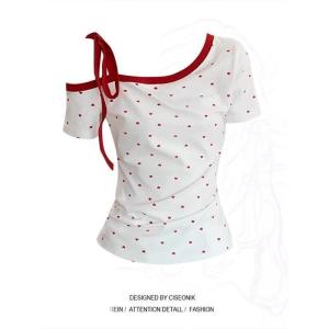 Summer New Style Womens White Heart Dot Shoulder Bared Short Sleeve T-Shirt Slim Fit Waist Cinched Red Heart Print Casual Top