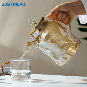 JUSTINLAU 1/1.8L Tea Pot High Borosilicate Glass Cold Water Kettle with Lid & Filter Amber Heat Resistant Tea Maker Blooming Tea