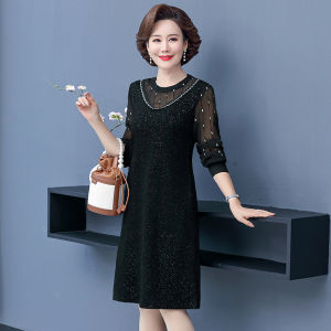 มีสไตล์ Mommy เดรส พลัสไซส์ ความยาวมิดิ พรางหุ่น แขนยาว ลูกไม้ แผงฐานสีทึบ เดรส ทันสมัย เสื้อผ้าผู้หญิง