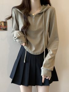 สไตล์อเมริกัน มีฮู้ด เสื้อสเว็ตเชิ้ต ผู้หญิง ฤดูใบไม้ผลิ ฤดูใบไม้ร่วง พลัสไซส์ เสื้อเบสน้องสาวอ้วนคลุมท้องสั้น เชือกรูด เสื้อท่อนบน