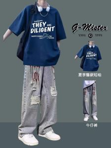 เสื้อยืดแขนสั้นผ้าฝ้ายแท้สไตล์อเมริกันสำหรับผู้ชาย ฤดูร้อน 2025 ชุดใหม่หลวมๆ ลำลอง เสื้อผ้าผู้ชาย คอกลม แขนสั้น