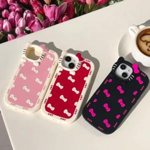 Sanrio | INS Korea Bowknot Sanrio Hello Kitty Silicone Phone Case For iphone 17 16 15 14 13 12 Pro Max 11 Matte Shockproof Soft Cover