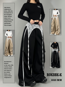 ROKBBK-K Lace Patchwork Design Casual Pants Womens Jazz Dance Street Style Cotton Straight Leg Loose Fit Autumn Collection