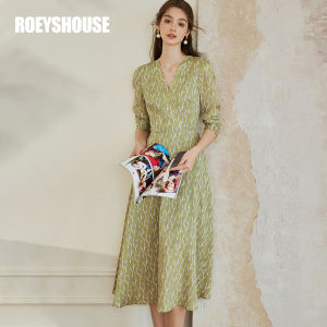 Roey s house | Elegant Textured Floral Print V-neck Womens Midi Dress