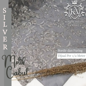 Tile Bordir Bahan Kebaya Motif Cabut Warna Silver Furing Satin Velvet Silk Premium Bahan Dress Kebaya Mewah MURAH per 1/2 Meter