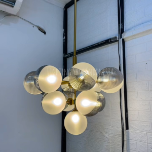 Lampu gantung void 13lampu kaca grey susu body gold modern hias meja makan ruang tamu pendant light lebar 70cm