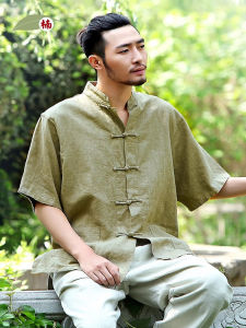 Nan Chinese Style Mens Shirt Linen Short Sleeve Half Sleeve Large Size Mid-Year Stand Collar Breathable Casual Fashion