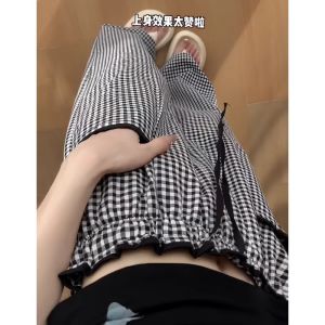 Bud Black and White Plaid Pants Womens Summer Stylish Niche Style Casual Straight-Leg Walking Pants Ice Silk Cotton Linen Loose Pants
