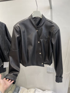 แจ็คเก็ตหนังทรงหลวมสไตล์วินเทจไม่สมมาตร คอตั้ง แขนยาว ดีไซน์เสื้อแจ็คเก็ตสั้นแบบอเนกประสงค์สำหรับใส่ไปทำงานในช่วงต้นฤดูใบไม้ผลิ