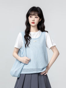 ZISUO | Blue Round Neck Short Sleeve Summer New Style Layering T Shirt And Vest Set