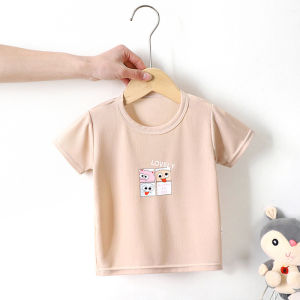 Barababa Ice Silk Childrens Short Sleeve T-Shirt Summer New Style Pure Color Cartoon mid Large Children Baby Half Sleeve Top